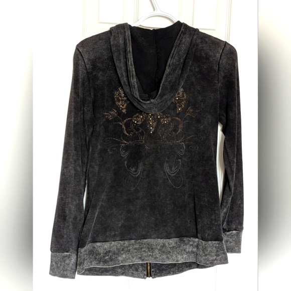 RXB Women's (Size M) Black Waffled Zip-Up Hoodie with Gold Fleur-de-Lis Graphics - Picture 5 of 16
